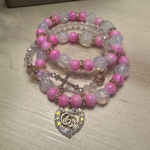 Stamped Iridescent Heart Charm on Pink Beaded Bracelet Set